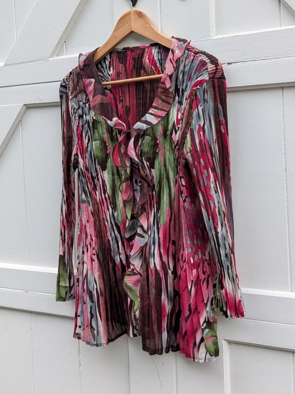 Vintage Y2K Jewel-Tone Plissé Pleated Ruffle Front Blouse